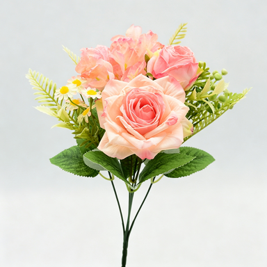 Ramo de rosas artificiales retro, 31 cm, seda, 8 flores (rosa, rosa de nieve, hortensia, margarita), decoración bodas y hogar