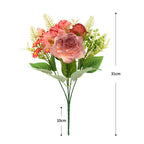 Ramo de rosas artificiales retro, 31 cm, seda, 8 flores (rosa, rosa de nieve, hortensia, margarita), decoración bodas y hogar