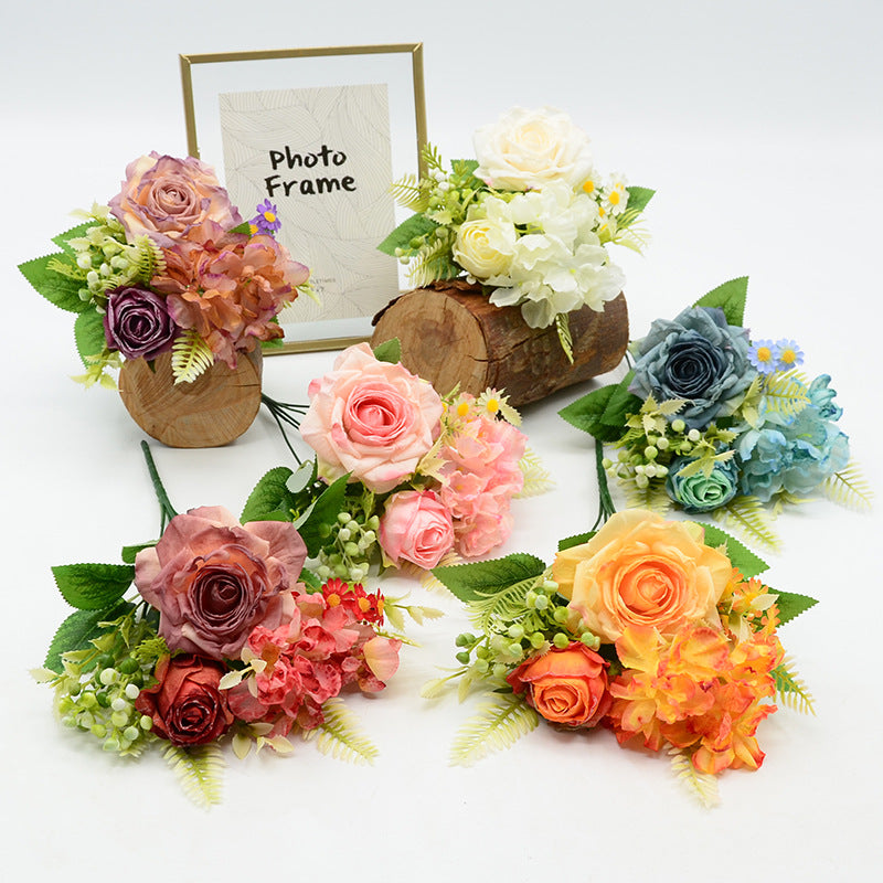 Ramo de rosas artificiales retro, 31 cm, seda, 8 flores (rosa, rosa de nieve, hortensia, margarita), decoración bodas y hogar
