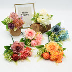 Ramo de rosas artificiales retro, 31 cm, seda, 8 flores (rosa, rosa de nieve, hortensia, margarita), decoración bodas y hogar