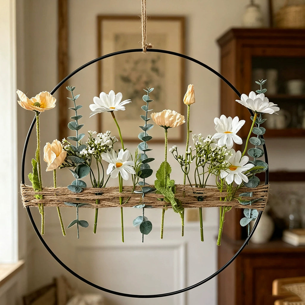Corona de flores artificiales colgante 40cm, eucalipto, amapola, margarita, decoración interior pared, fiesta, evento, boda