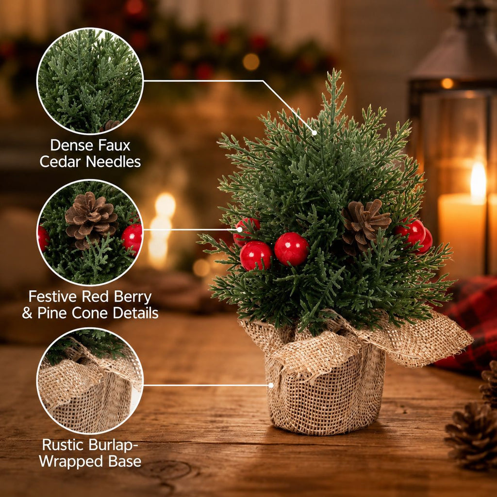 Árbol de Navidad decorativo en lino, 15-20-25 cm, adorno navideño para mesa, hogar o regalo, con piñas, estilo rústico