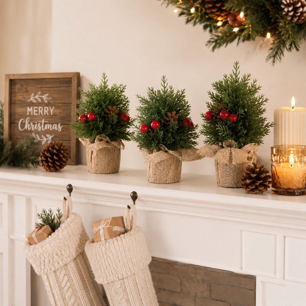 Árbol de Navidad decorativo en lino, 15-20-25 cm, adorno navideño para mesa, hogar o regalo, con piñas, estilo rústico