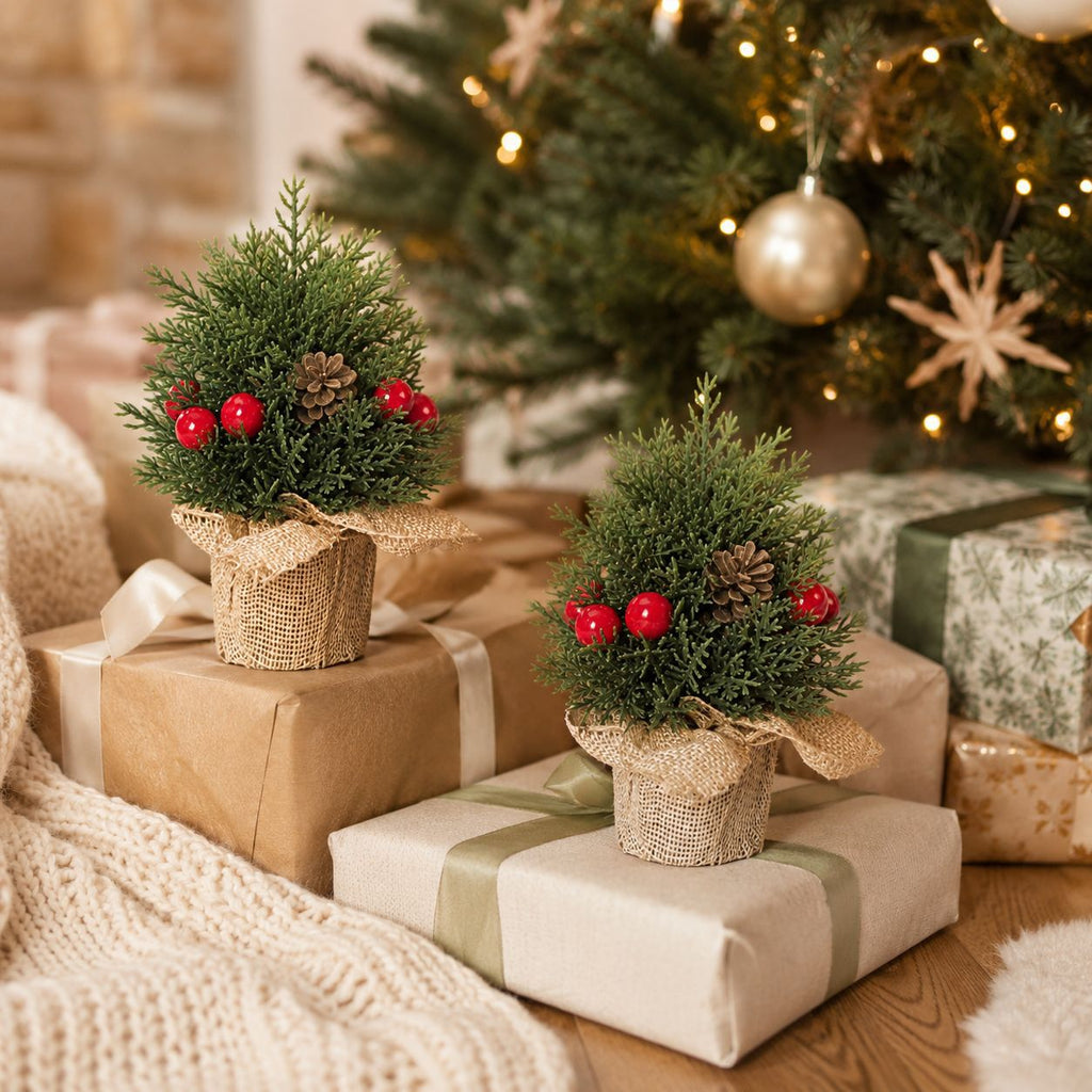 Árbol de Navidad decorativo en lino, 15-20-25 cm, adorno navideño para mesa, hogar o regalo, con piñas, estilo rústico