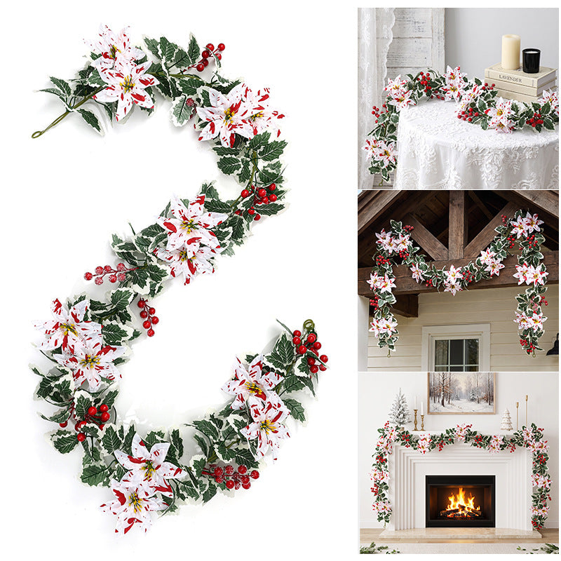 Guirnalda de Flores Artificiales de Bayas de Poinsettia Rojo y Blanco, 175 cm, Decoración Festiva para Hogar y Celebraciones