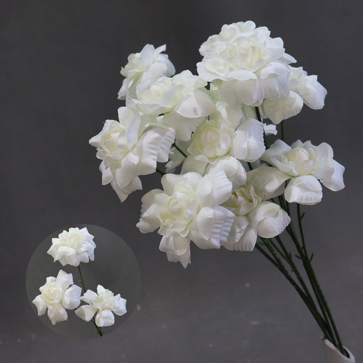 Ramo artificial de 'Beso de Hada' 60 cm, 3 flores de seda 8 cm, decoración boda pasillo altar comercial