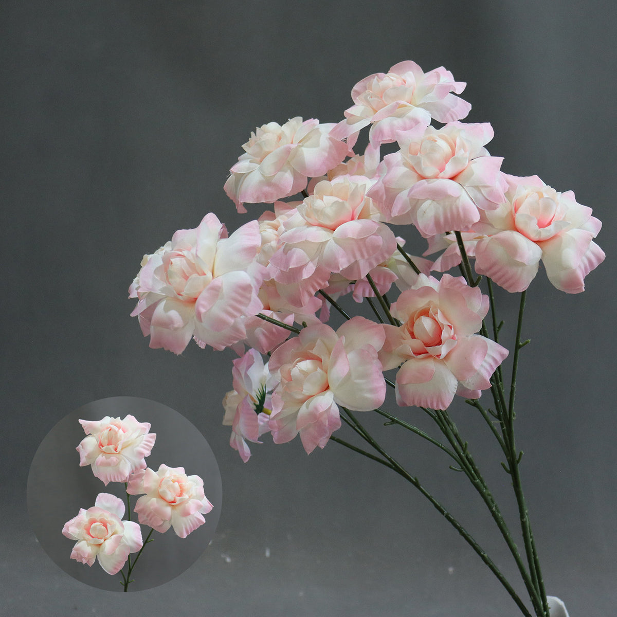 Ramo artificial de 'Beso de Hada' 60 cm, 3 flores de seda 8 cm, decoración boda pasillo altar comercial