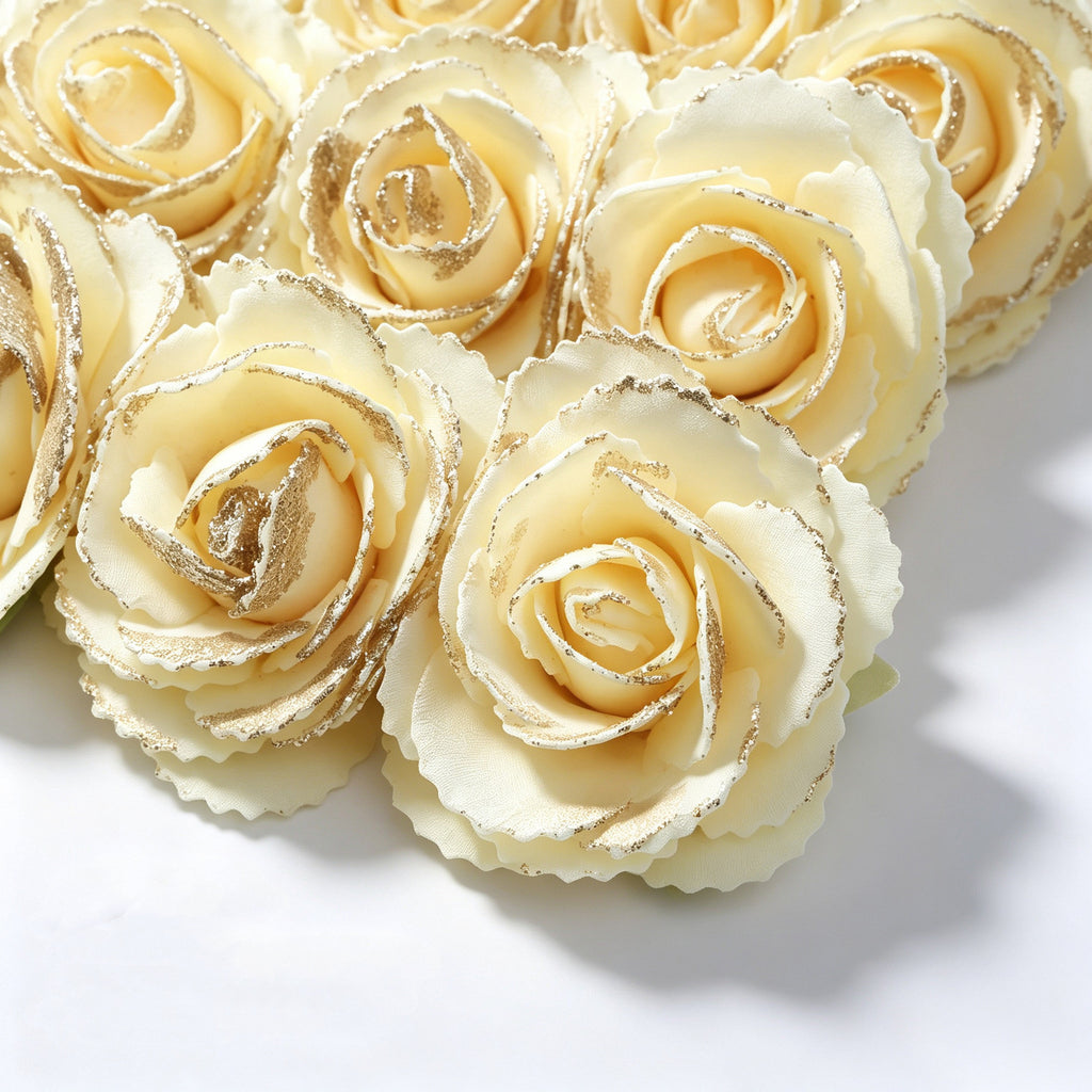 25 cabezas de rosas artificiales sueltas con brillo dorado, 5.5 cm, espuma, DIY decoración mesa escaparate fotos