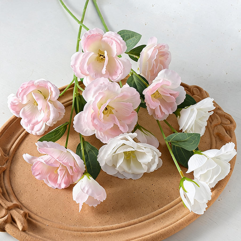 Flores artificiales de lisianthus, ramo de 4 tallos con flores de 9,5 cm, decoración para bodas y hogar, 57 cm de altura