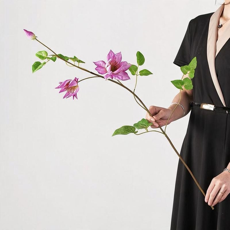 Flor artificial de clemátide, rama de 90 cm con 3 flores, decoración rústica y elegante para hogar y negocios