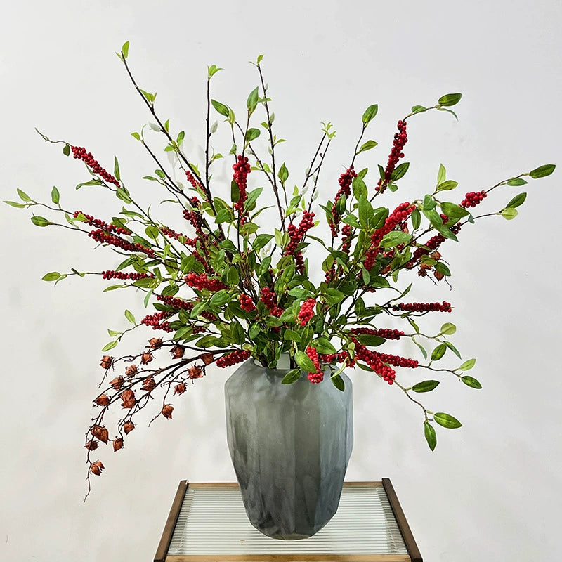 Ramo artificial de acebo con bayas rojas/naranjas, 115 cm, seda, decoración festiva retro para hogar, hotel o escaparate