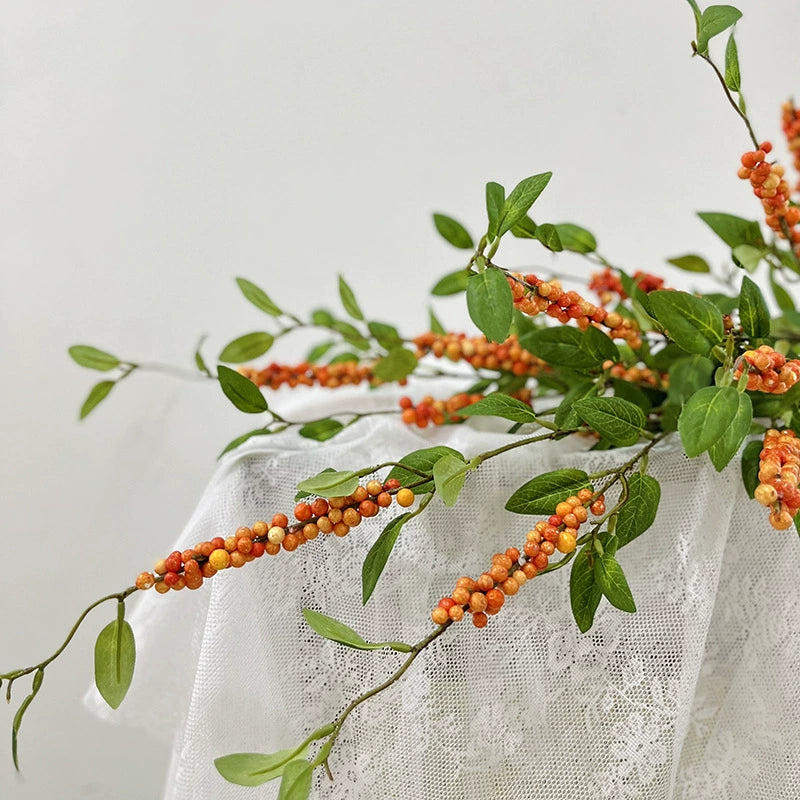 Ramo artificial de acebo con bayas rojas/naranjas, 115 cm, seda, decoración festiva retro para hogar, hotel o escaparate