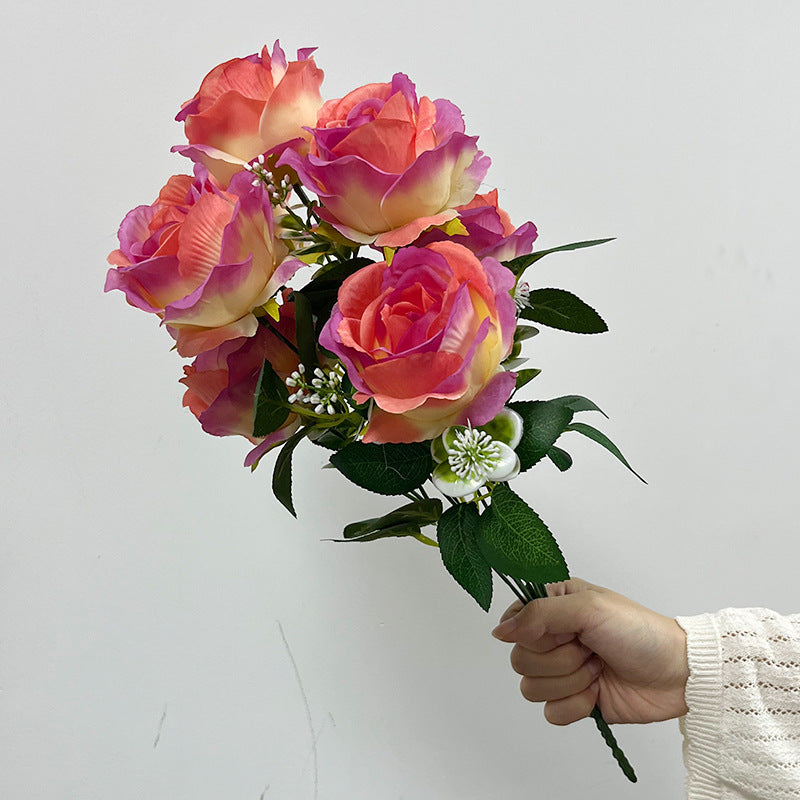 Ramo de 7 Rosas Artificial de Seda Gradiente 43cm - Decoración Boda Hogar Regalo