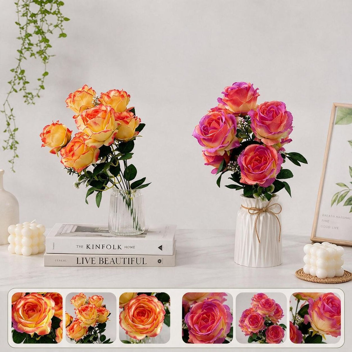 Ramo de 7 Rosas Artificial de Seda Gradiente 43cm - Decoración Boda Hogar Regalo