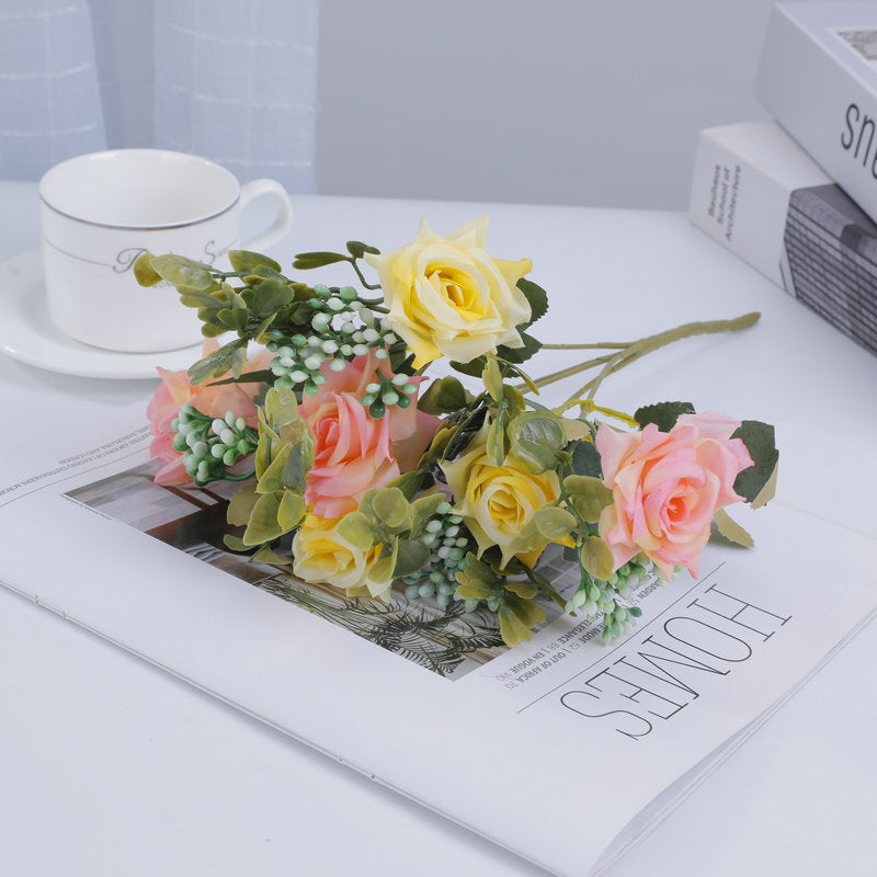Ramo artificial de rosas mixtas 50 cm, sedas, 5 flores, decoración moderna para bodas, hogar, hoteles, eventos