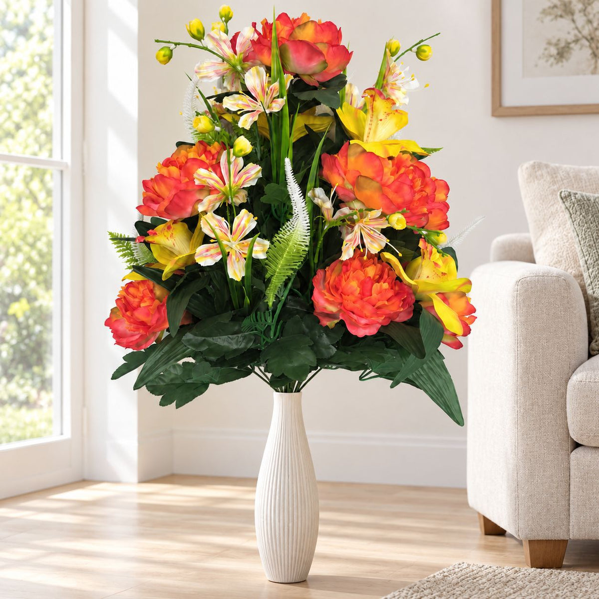 Ramo artificial de peonías y lirios, 24 flores, 65 cm, decoración moderna interior, sin maceta, ideal para bodas, eventos o hogar