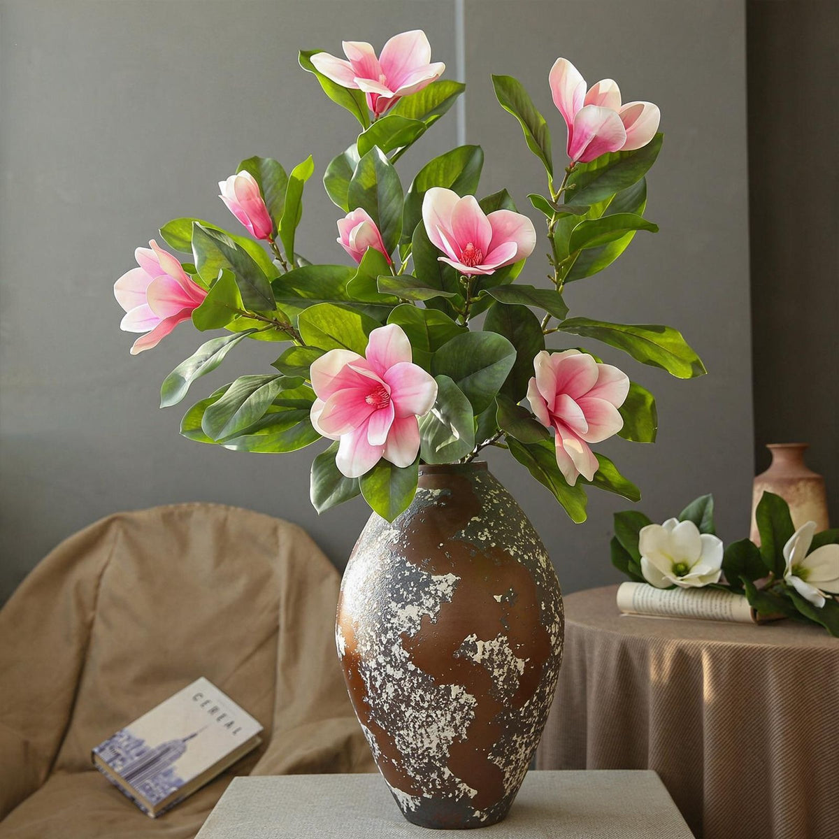 Planta Artificial de Magnolia Premium, 1 Vara con 4 Flores, 100 cm, Látex de Tacto Real, Decoración Moderno para Hogar, Hotel y Escaparates