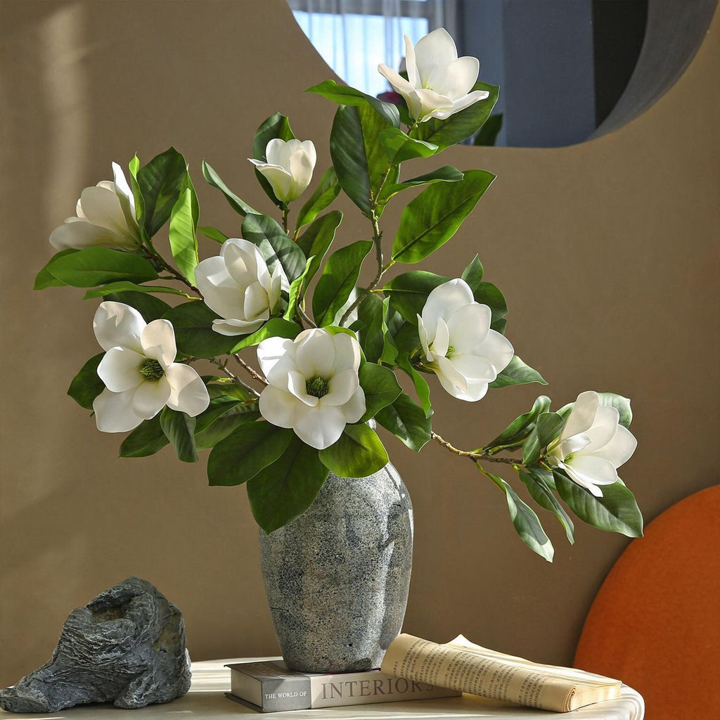Planta Artificial de Magnolia Premium, 1 Vara con 4 Flores, 100 cm, Látex de Tacto Real, Decoración Moderno para Hogar, Hotel y Escaparates