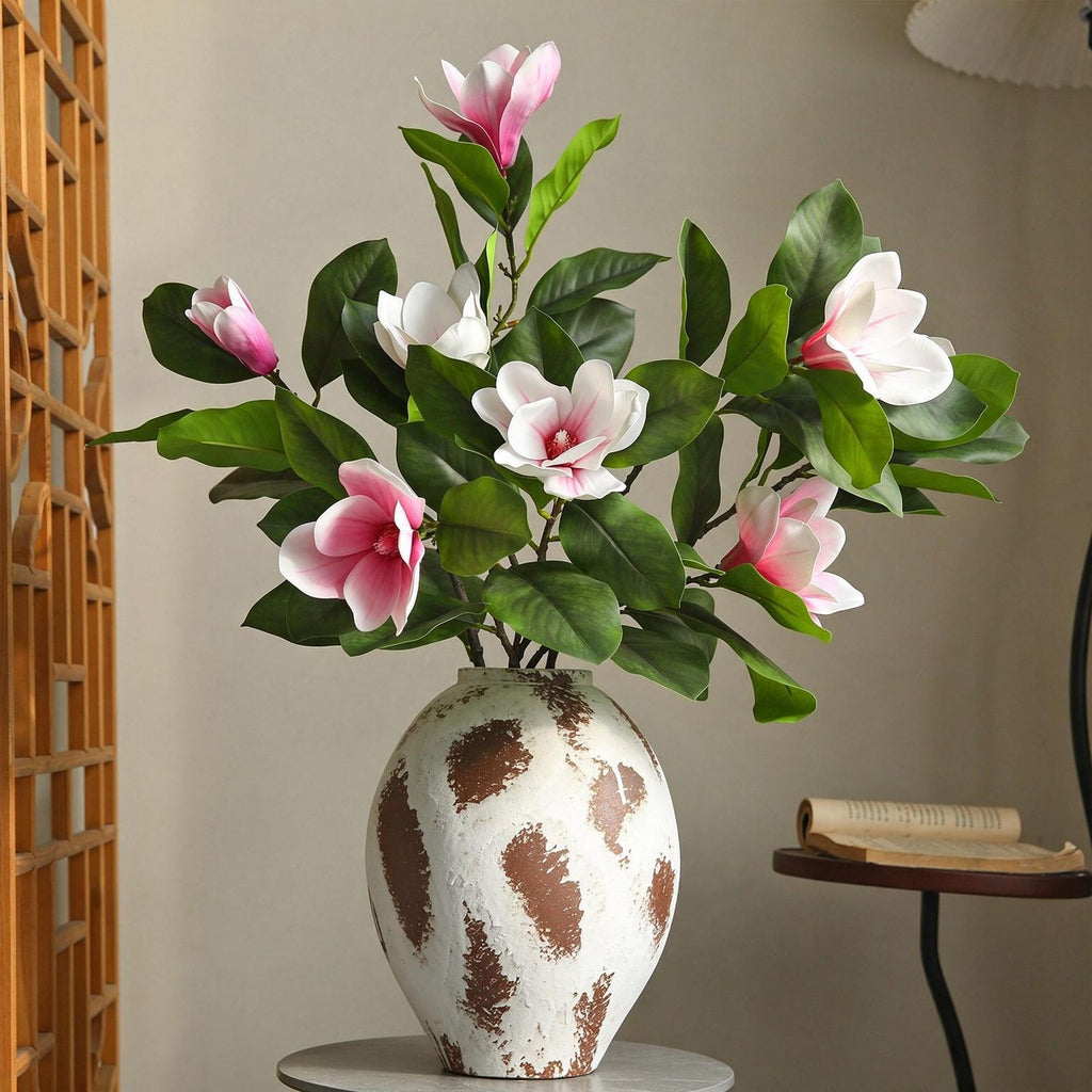 Planta Artificial de Magnolia Premium, 1 Vara con 4 Flores, 100 cm, Látex de Tacto Real, Decoración Moderno para Hogar, Hotel y Escaparates