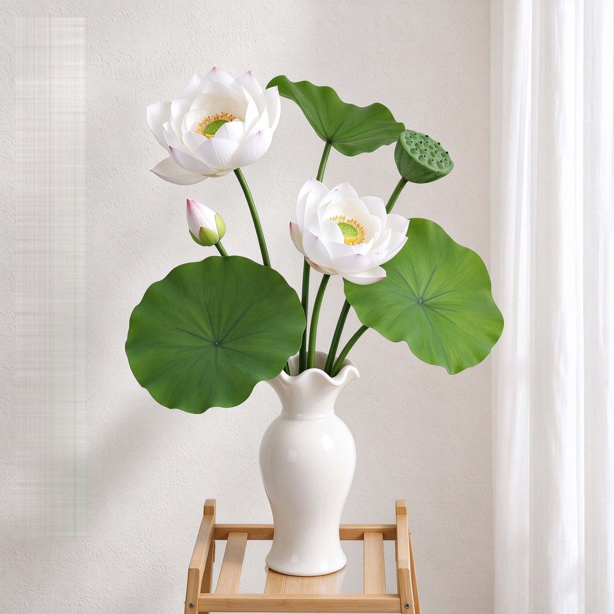 Ramo de Flor de Loto Artificial con 3 Flores, Hojas y Vaina, PU, 65 cm para Salón, Té y Boda
