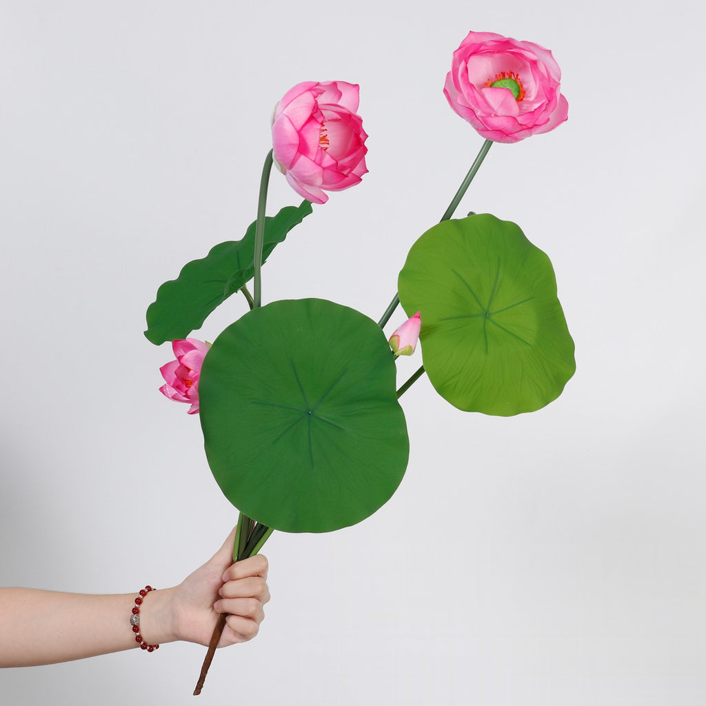 Ramo de Flor de Loto Artificial con 3 Flores, Hojas y Vaina, PU, 65 cm para Salón, Té y Boda