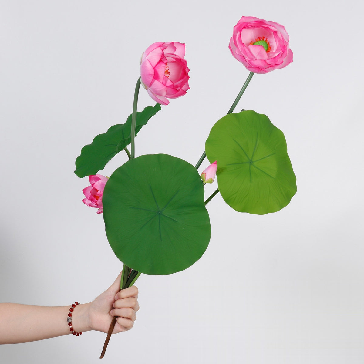 Ramo de Flor de Loto Artificial con 3 Flores, Hojas y Vaina, PU, 65 cm para Salón, Té y Boda