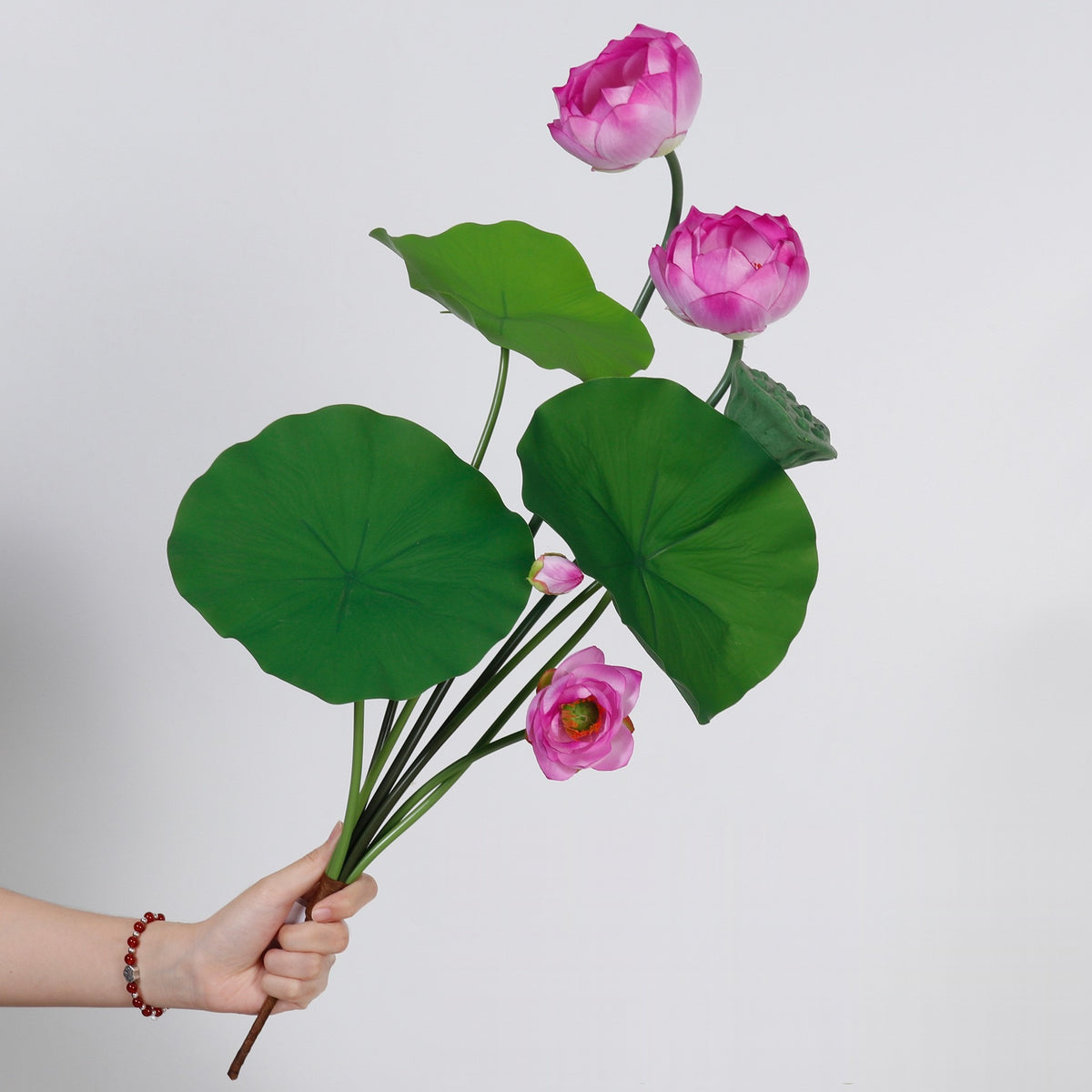 Ramo de Flor de Loto Artificial con 3 Flores, Hojas y Vaina, PU, 65 cm para Salón, Té y Boda