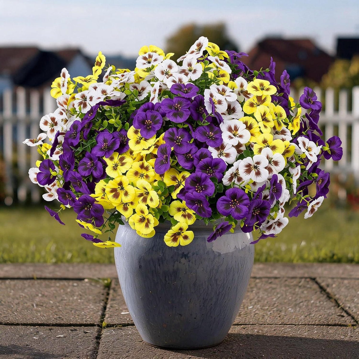 Ramo de Pensamientos Artificiales con Eucalipto, 14 Flores en 1 Ramo, Pack de 4 Unidades, Decoración Interior y Exterior