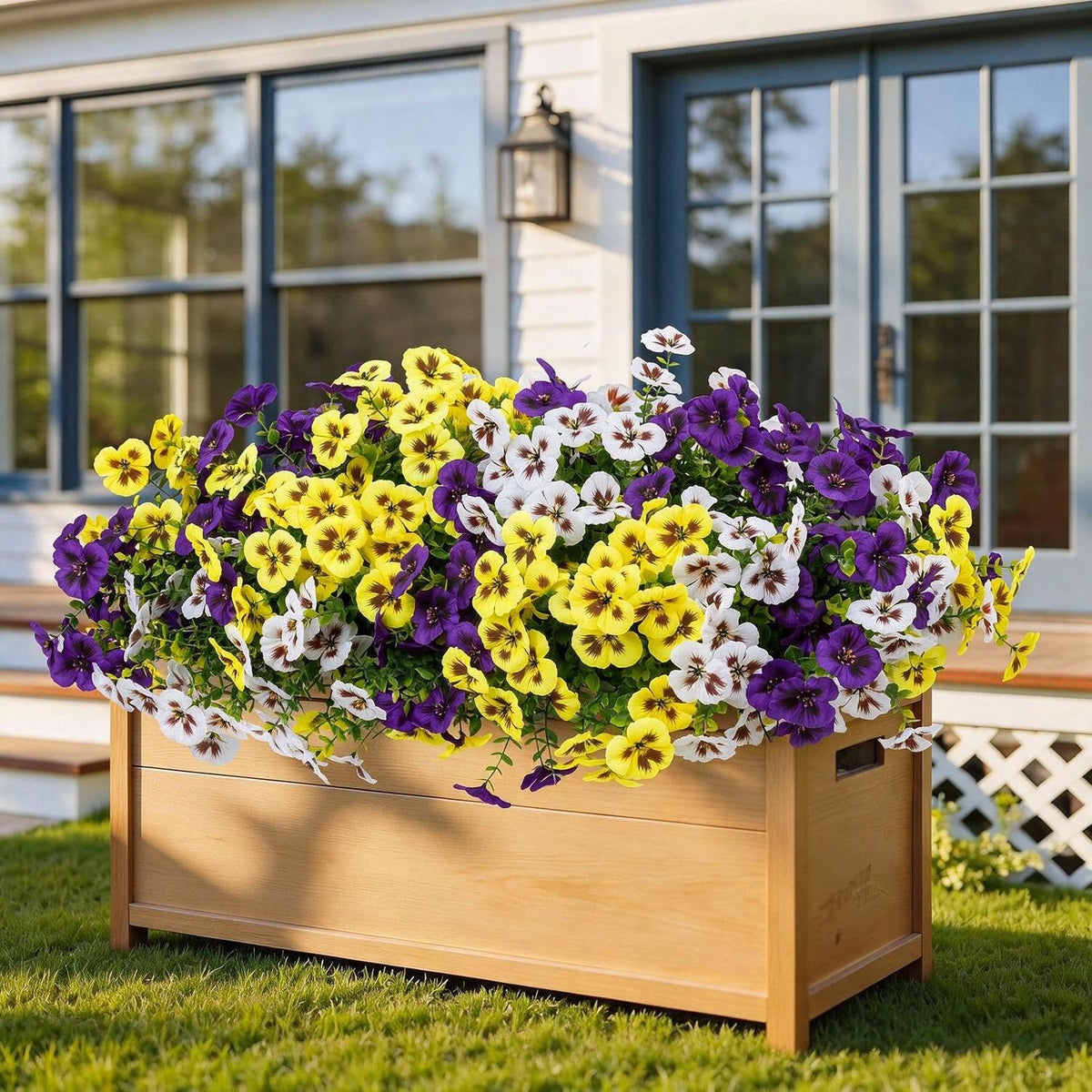 Ramo de Pensamientos Artificiales con Eucalipto, 14 Flores en 1 Ramo, Pack de 4 Unidades, Decoración Interior y Exterior
