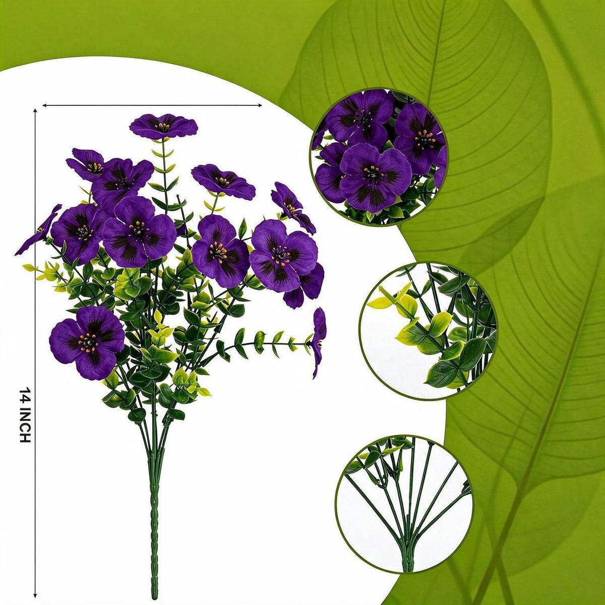 Ramo de Pensamientos Artificiales con Eucalipto, 14 Flores en 1 Ramo, Pack de 4 Unidades, Decoración Interior y Exterior