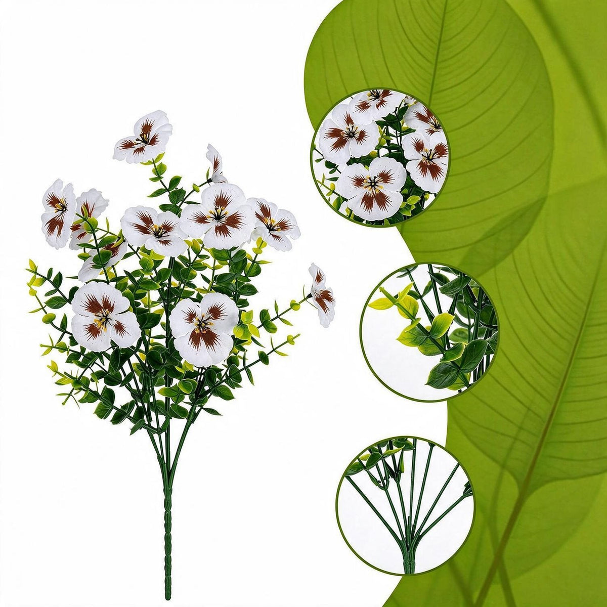 Ramo de Pensamientos Artificiales con Eucalipto, 14 Flores en 1 Ramo, Pack de 4 Unidades, Decoración Interior y Exterior