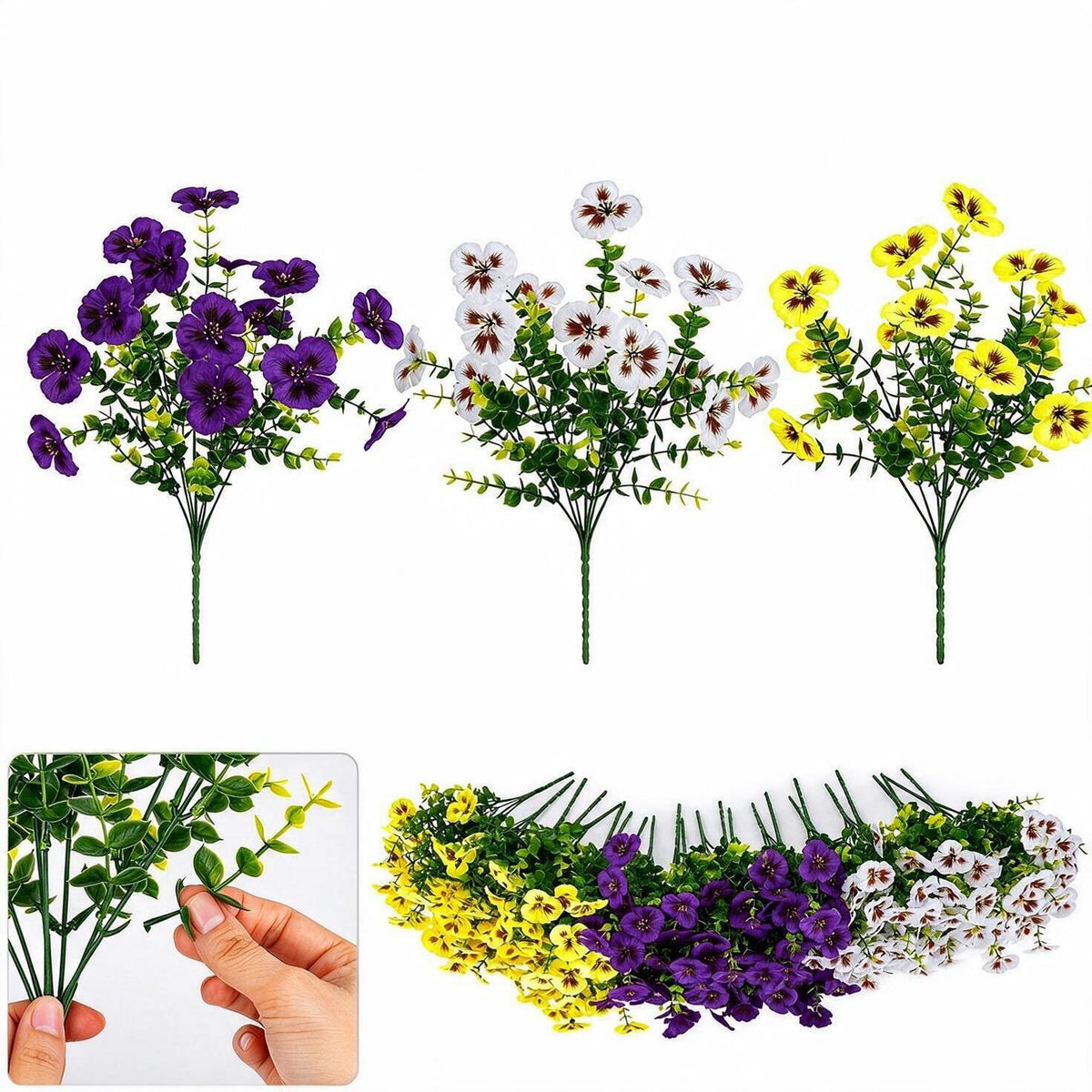 Ramo de Pensamientos Artificiales con Eucalipto, 14 Flores en 1 Ramo, Pack de 4 Unidades, Decoración Interior y Exterior