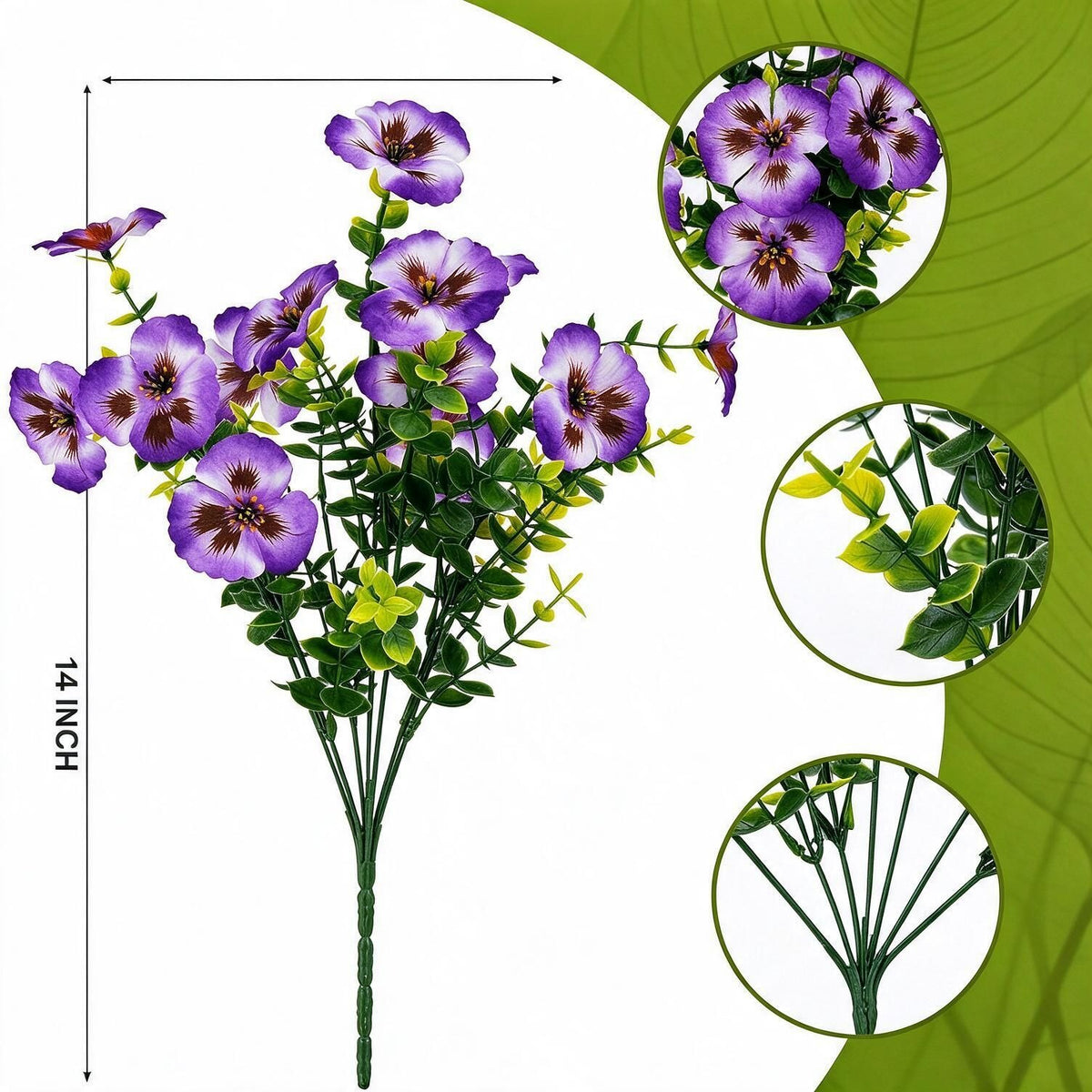 Ramo de Pensamientos Artificiales con Eucalipto, 14 Flores en 1 Ramo, Pack de 4 Unidades, Decoración Interior y Exterior