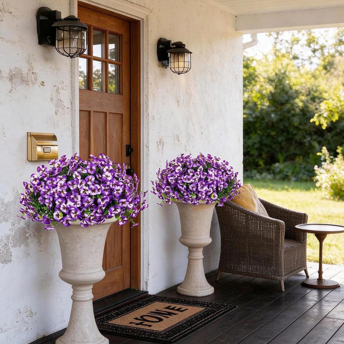 Ramo de Pensamientos Artificiales con Eucalipto, 14 Flores en 1 Ramo, Pack de 4 Unidades, Decoración Interior y Exterior