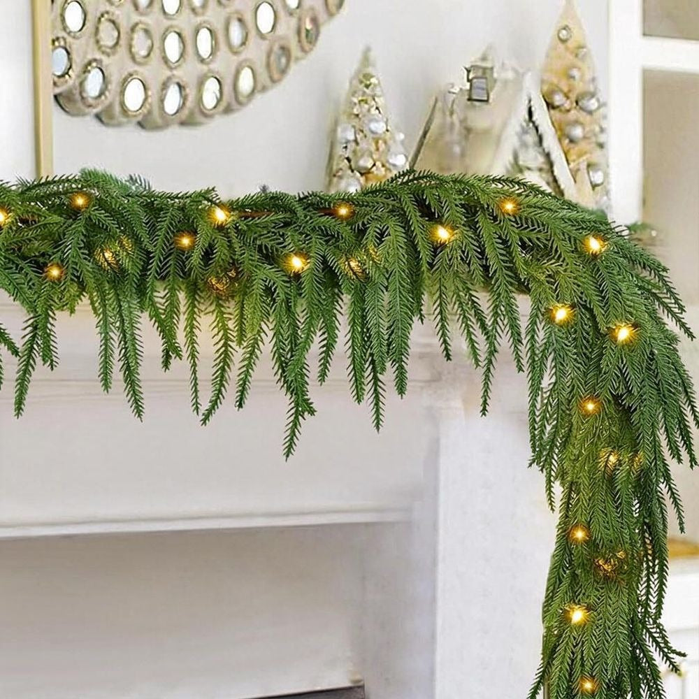 Guirnalda Artificial de Pino Norfolk con Luces, Pack de 3 Ramas Colgantes de Plástico, Decoración de Navidad y Hogar