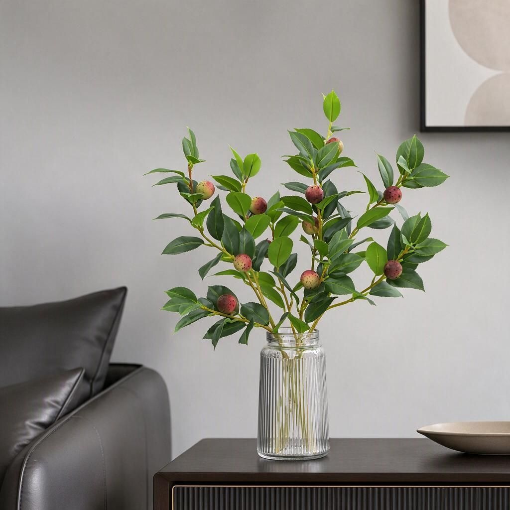 Rama Artificial de Camelia con Frutos de Té, Ramo de Plástico Estilo Nórdico, Decoración para Hogar, Escaparate y Bodas