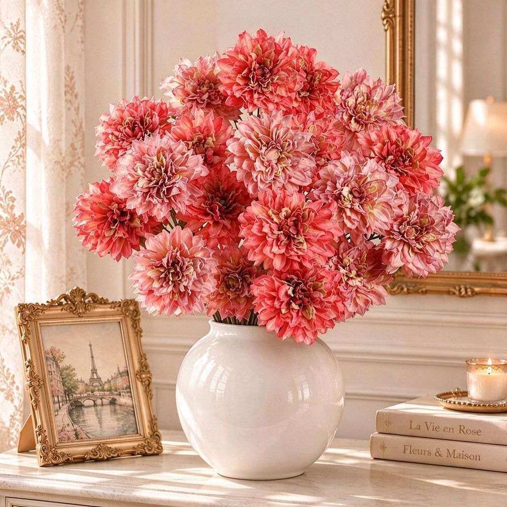 Dalia Artificial de Tela Efecto Seda, Tallo Único con 1 Flor, Borde Tostado, Decoración para Hogar, Bodas y Escaparates