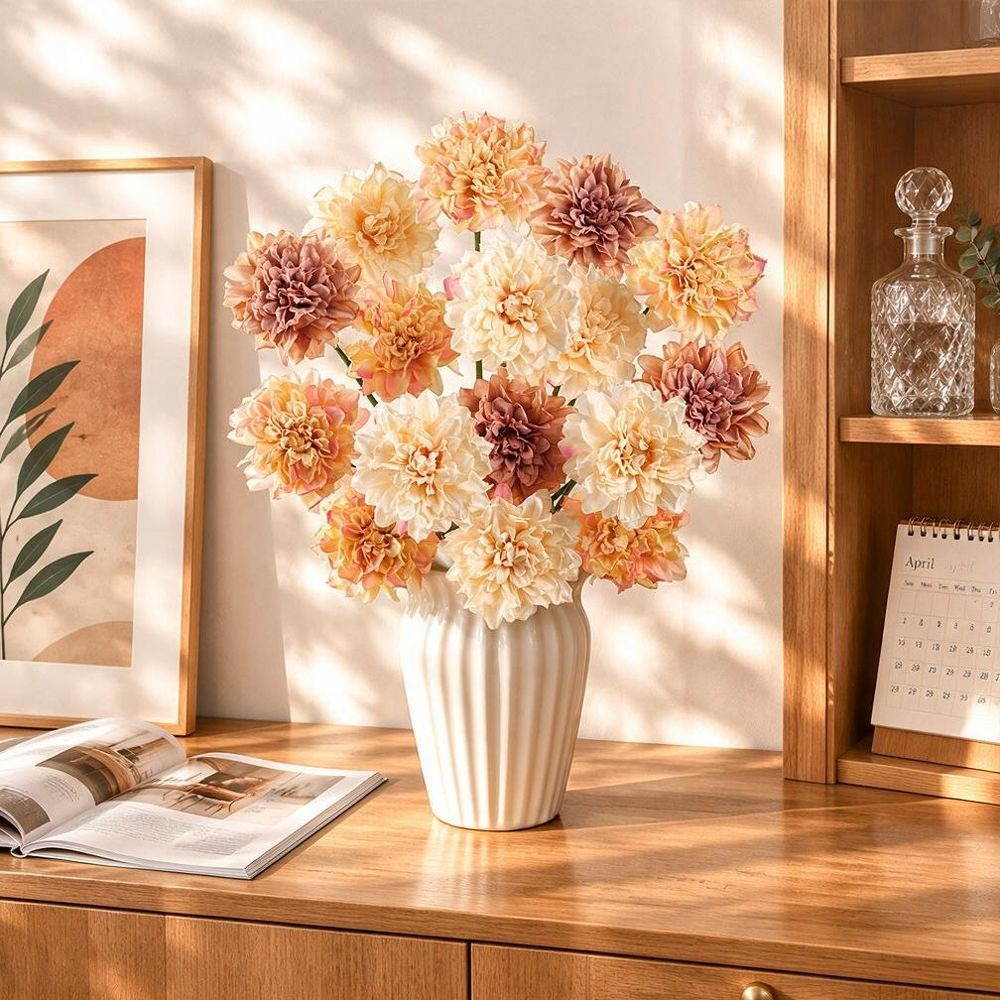 Dalia Artificial de Tela Efecto Seda, Tallo Único con 1 Flor, Borde Tostado, Decoración para Hogar, Bodas y Escaparates