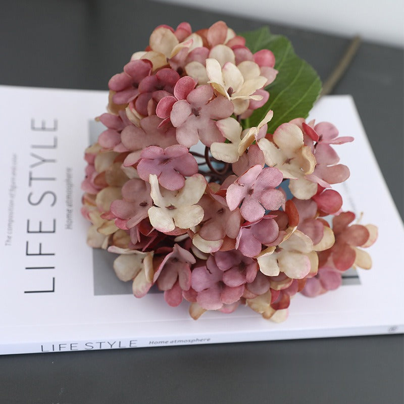 Hortensia Artificial en Tela de Seda Sintética, Rama Única con 1 Flor, Tonos Otoñales, para Decoración de Hogar y Bodas