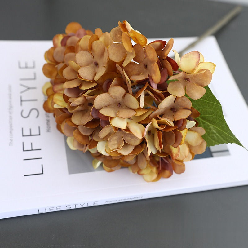 Hortensia Artificial en Tela de Seda Sintética, Rama Única con 1 Flor, Tonos Otoñales, para Decoración de Hogar y Bodas