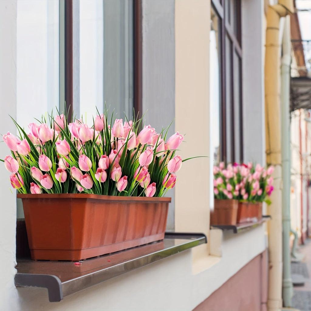 Tulipanes artificiales con resistencia a los rayos UV de 16" x 7" para jardín, balcón y terraza - Rosa