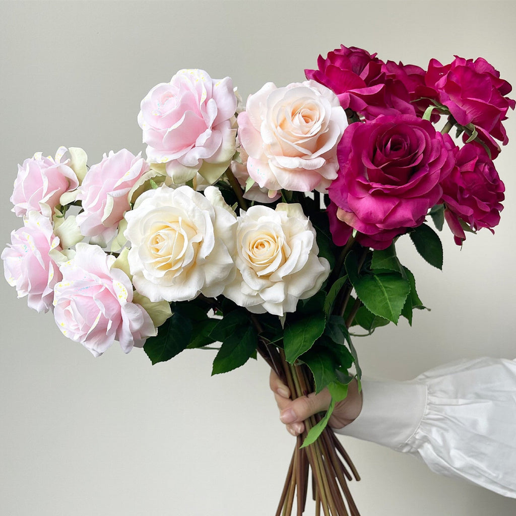 Rosas artificiales con tacto real de 18.8" para bodas y eventos - Blanco/verde