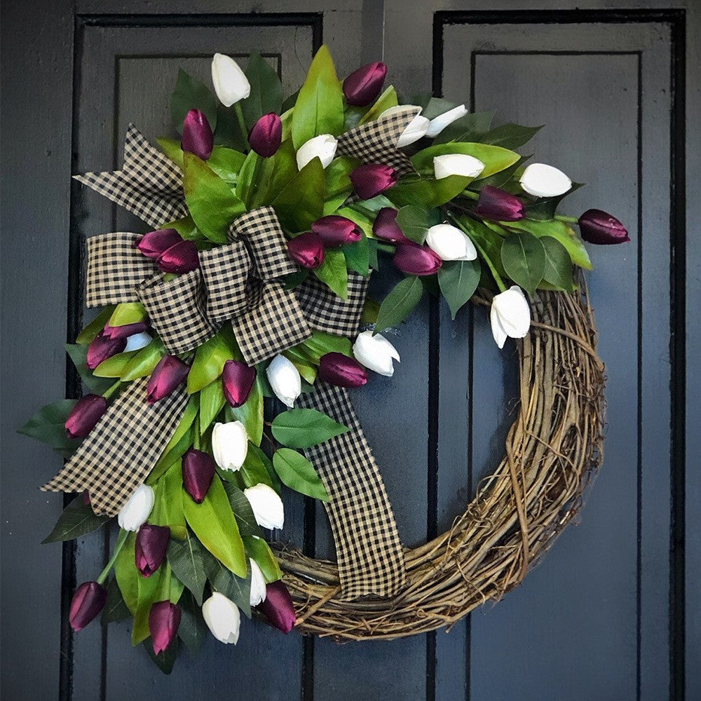 Tulipanes artificiales de 13" x 13" para decoración de interiores - Blanco/morado
