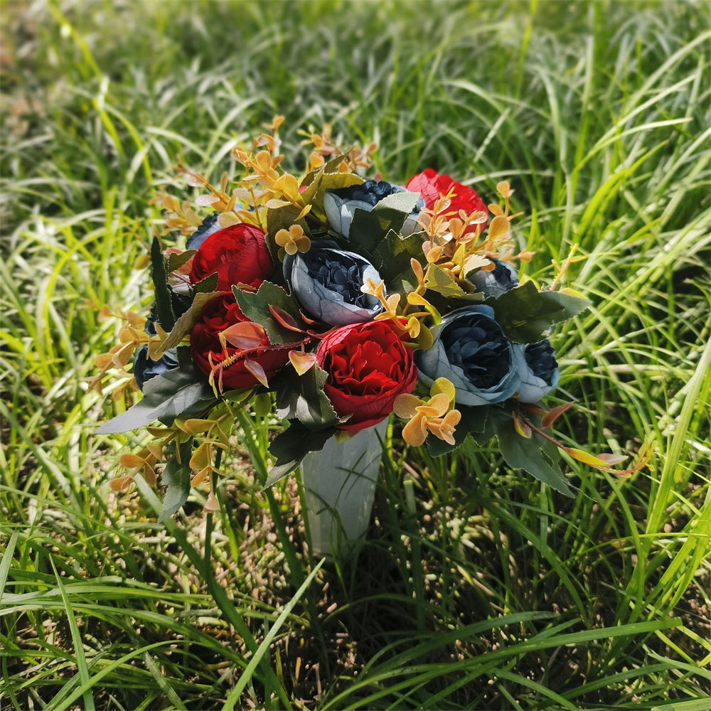 Flores artificiales para cementerio con resistencia a los rayos UV de 15" x 9" para jardín, balcón y terraza - Dark azul/rojo