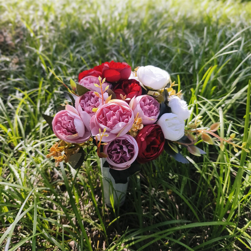 Flores artificiales para cementerio con resistencia a los rayos UV de 15" x 9" para jardín, balcón y terraza - Dusty/rojo