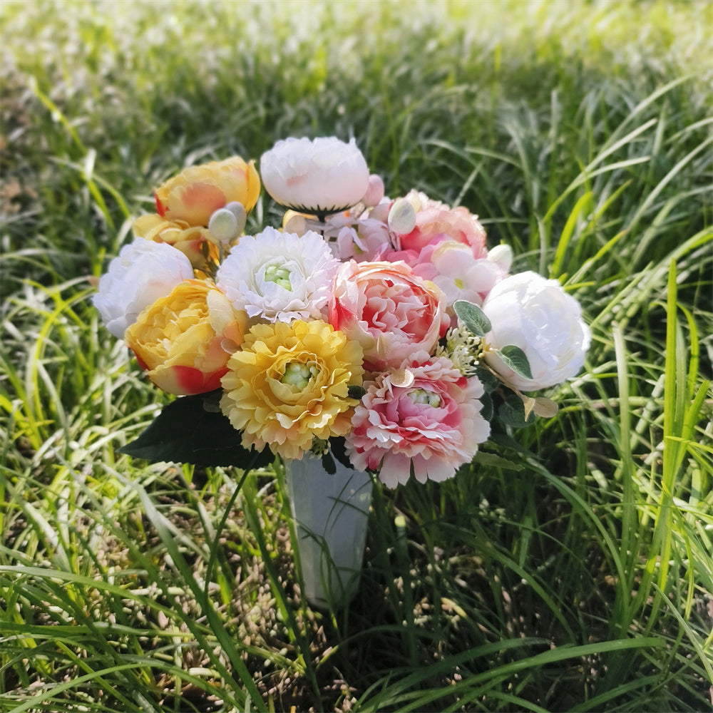 Flores artificiales para cementerio con resistencia a los rayos UV de 15" x 9" para jardín, balcón y terraza - Amarillo/rosa/blanco