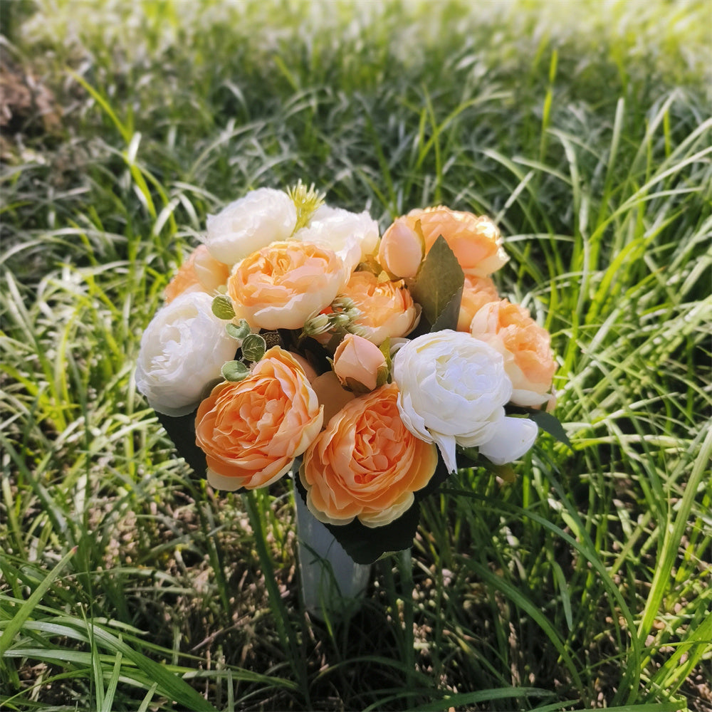 Flores artificiales para cementerio con resistencia a los rayos UV de 15" x 9" para jardín, balcón y terraza - Blanco/champán