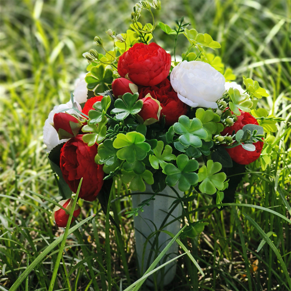 Flores artificiales para cementerio con resistencia a los rayos UV de 15" x 9" para jardín, balcón y terraza - Blanco/rojo/verde