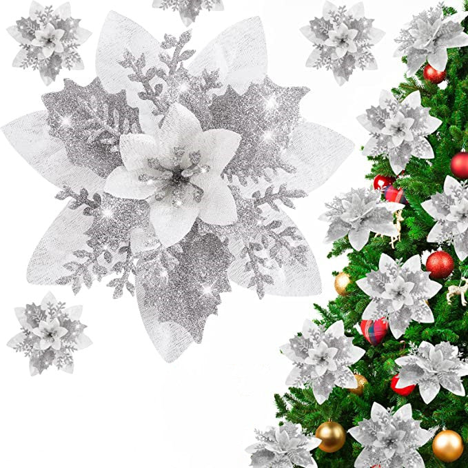 Flores de Pascua artificiales de 6" x 6" 100 piezas para bodas y eventos - Plateado/blanco