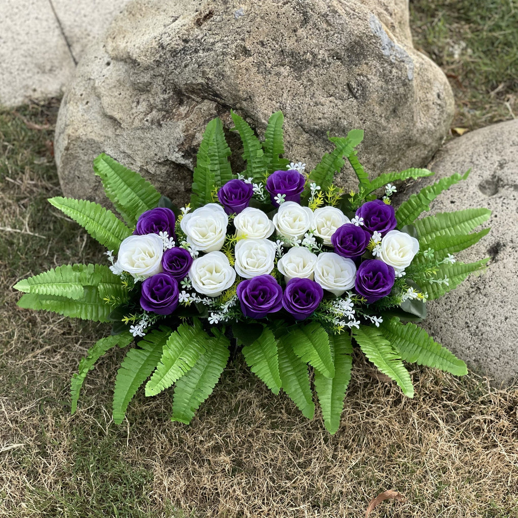 Rosas artificiales de 12" x 20" para cementerio y memorial - Morado/blanco/verde